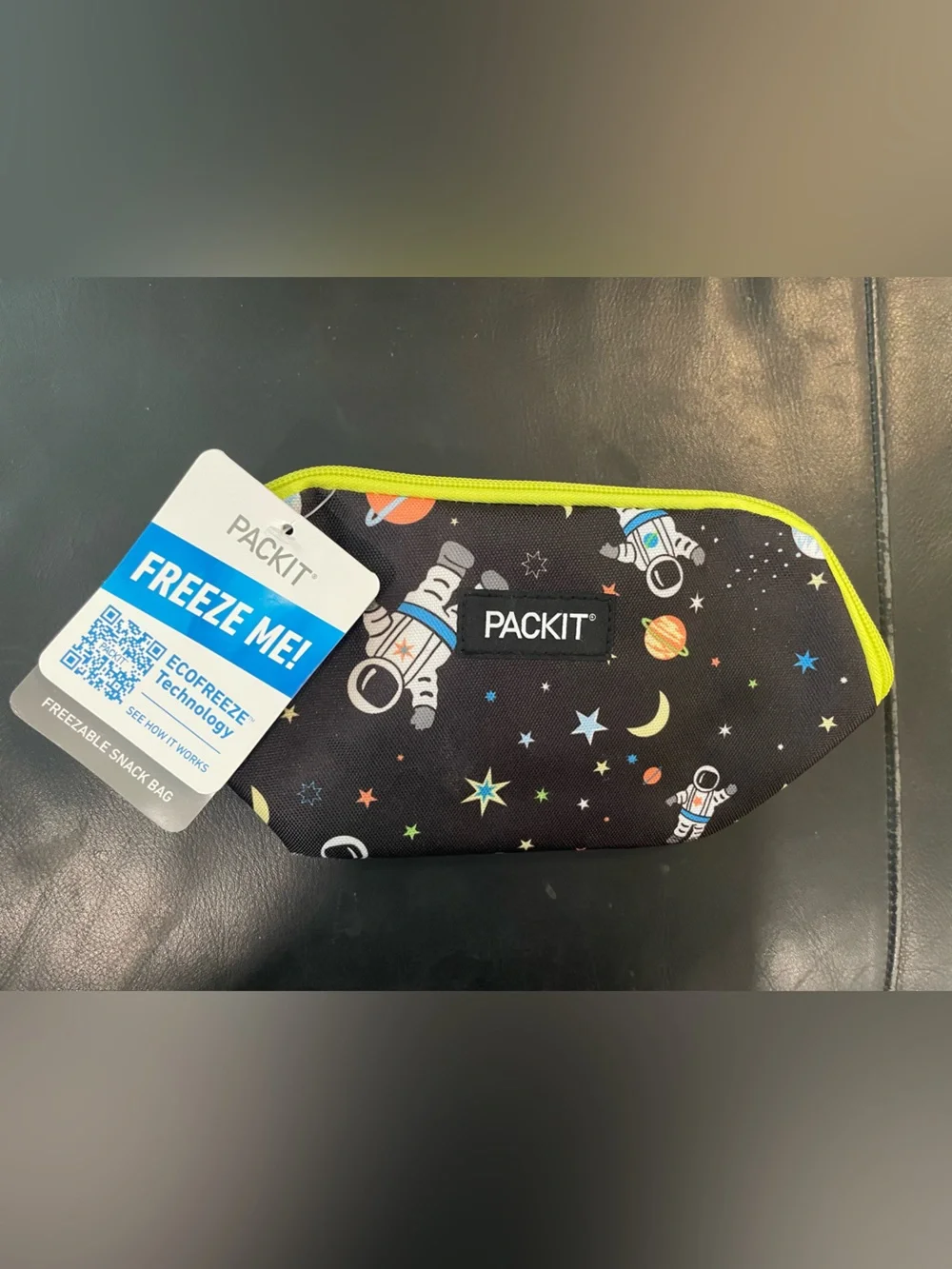 PackIt-Snack Bag Freezable Astronaut Print Pouch - Black with Lime Zipper